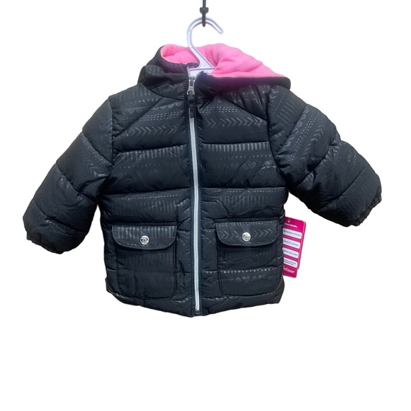Girls 18 Months black and pink winter puffer jacket coat new Pink Platinum - Picture 1 of 11